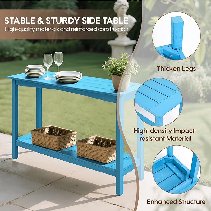 Weatherproof HIPS Outdoor Console Table, 48'' 2-Shelf SideTable Indoor/Outdoor Use, Multifunctional Buffet Table Bar Storage Organizer for Entryway,Yard, Outside Plant Stand Table, Blue
