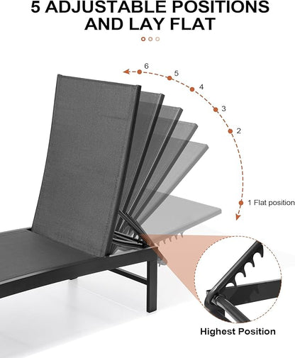 Crestlive Products 2PCS Chaise Lounge Chairs Outdoor with 1PC Side Table, Aluminum Patio Lounge Set, Adjustable Five-Position Recliner for Beach, Pool, Sunbathing, Lawn, Yard