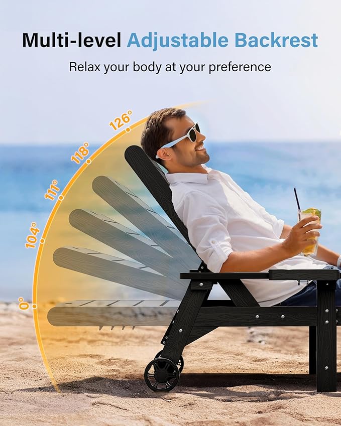 YEFU Chaise Lounge Chairs Set of 4 Outdoor,Pool Lounge Chair with Adjustable Backrest,All Weather Patio Lounge Chair with Cup Holder&Armrest,for Outside,Beach,Deck,Heavy Duty,400lbs Capacity(Black)