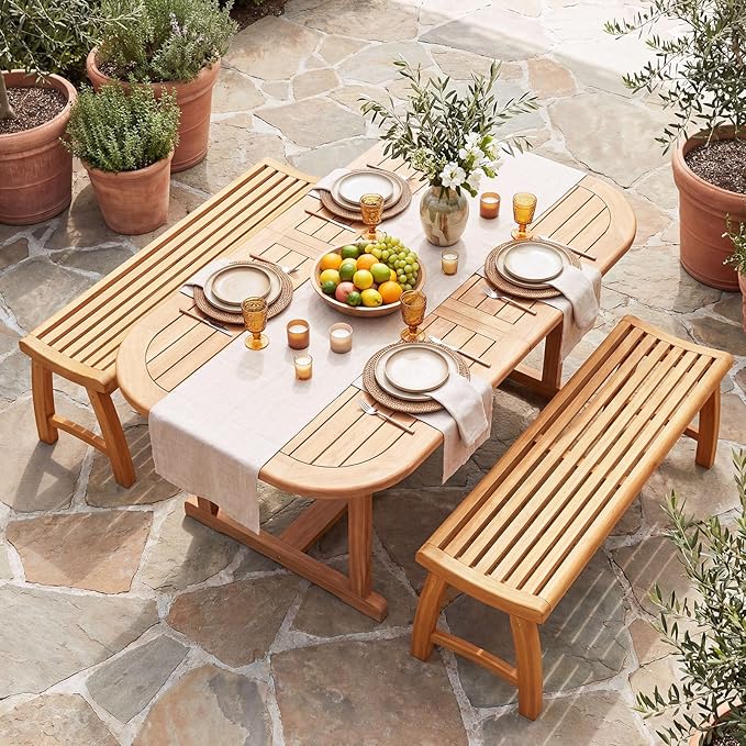 Tangkula Teak Wood Outdoor Bench, 2-Person Patio Backless Garden Dining Bench with Contoured Slatted Seat, 800 lbs Capacity, Outside Seating Furniture for Porch, Balcony, Deck & Yard
