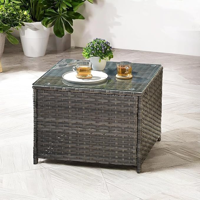 ovios Outdoor Side Table with Tempered Glass Top, Patio Wicker Rattan Coffee End Tables for All-Weather Porch Deck Balcony Garden Poolside (Grey-Medium Size)