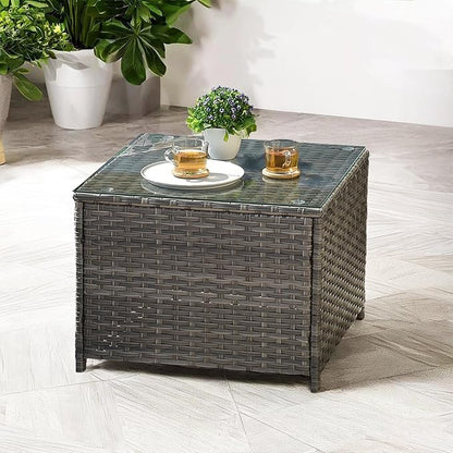 ovios Outdoor Side Table with Tempered Glass Top, Patio Wicker Rattan Coffee End Tables for All-Weather Porch Deck Balcony Garden Poolside (Grey-Medium Size)