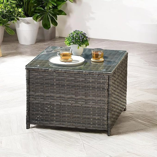 ovios Outdoor Side Table with Tempered Glass Top, Patio Wicker Rattan Coffee End Tables for All-Weather Porch Deck Balcony Garden Poolside (Grey-Medium Size)