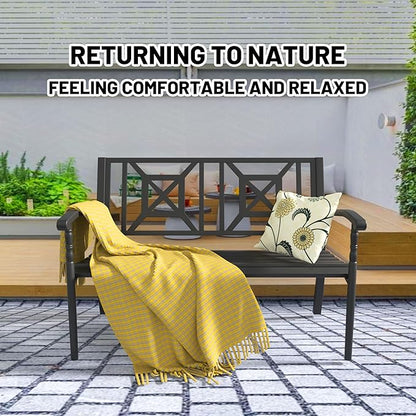 YLGJ&TIDY 50 Inches Garden Benches for Outdoor Patio Bench with Pattern Backrest Armrest Weatherproof Park Benches Metal Bench for Garden Park Porch Lawn Yard (BENCH05)