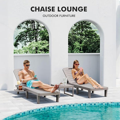 WACASA Outdoor Chaise Lounge Chairs Set of 4, Oversized Lounge Chairs with 5-Level Adjustable Backrest & Cup Holder, Resin Waterproof Pool Lounge Chair for Poolside, Patio, Beach, Yard, Gray
