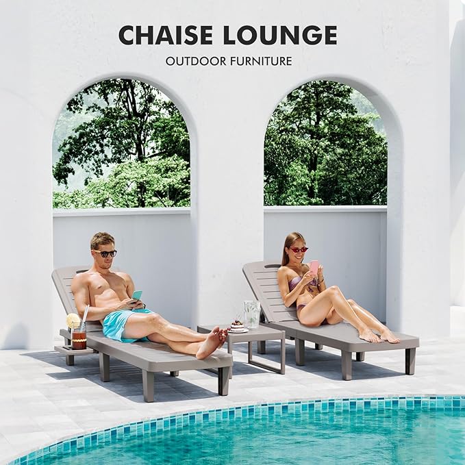 WACASA Outdoor Chaise Lounge Chairs Set of 2, Oversized Lounge Chairs with 5-Level Adjustable Backrest & Cup Holder, Resin Waterproof Pool Lounge Chair for Poolside, Patio, Beach, Yard, Gray