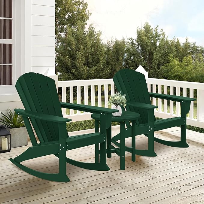 Costaelm Outdoor Adirondack Chair, All Weather Resistant Lawn Chairs Balcony Chair and Fire Pit Chairs, Deck Chairs Outdoor Porch Rocking Chair High Back HDPE Poly Lumber, Dark Green
