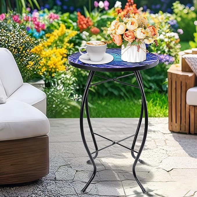 MUMTOP Outdoor End Tables for Patio, Deep Sea Round Side Table, Glass Accent Table for Outside, Garden, Balcony, Porch - Photo 6