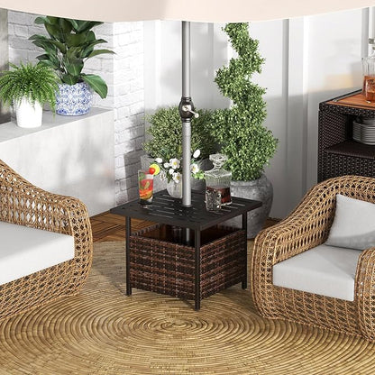 Giantex Outdoor Side Table with Umbrella Hole, 22" Wicker Umbrella Stand Holder and Base, Weather-Resistant PE Rattan Patio End Table for Deck Garden Poolside (Metal Tabletop, Brown)