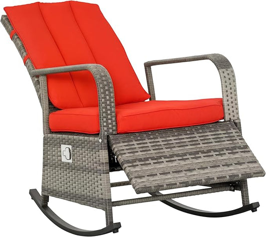 Outsunny Wicker Outdoor Rocking Chair, Patio Recliner with Adjustment Backrest, PE Rattan Lounge Chair with Adjustable Footrest and Cushions for Garden, Backyard, Porch, Red