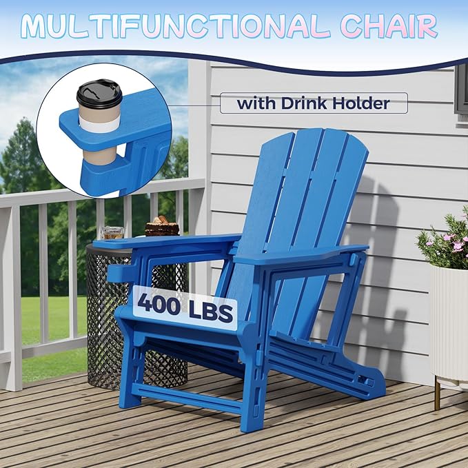 Adirondack Plastic Outdoor Patio Chair with Cup Holder Without Screws Install， Higher Back Weather Resistant Composite Adirondack Chairs for Backyard Lawn Beach Set of 2 Klein Blue