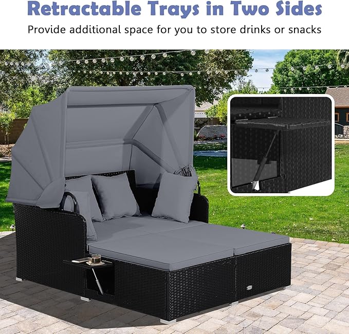 Tangkula Patio Rattan Daybed with Retractable Canopy, Outdoor Wicker Sunbed Lounger with 2 Foldable Side Tables - Photo 7