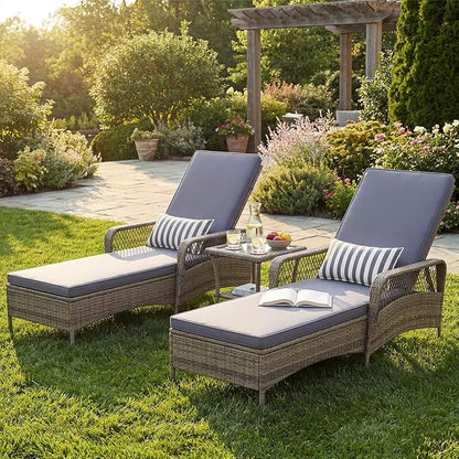 Wicker Chaise Lounge Chair, Patio Rattan Recliner with 6-Position Adjustable Backrest, Soft Cushions, Removable Lumber Pillow & Armrests, Lounger Chair for Poolside & Backyard (Gray)