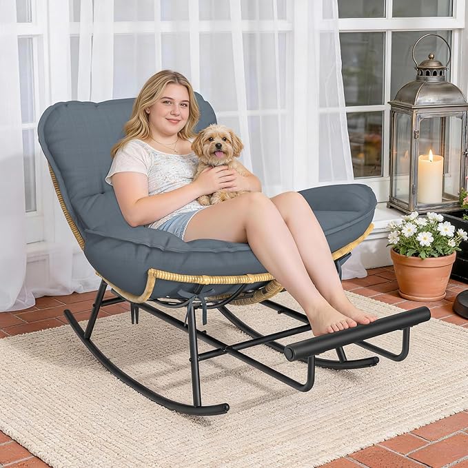 ZENPETIO Outdoor Rocking Chair - Oversized Metal Frame Papasan Rocking Chair with All Weather PE Wicker Rattan Rocker - Photo 8