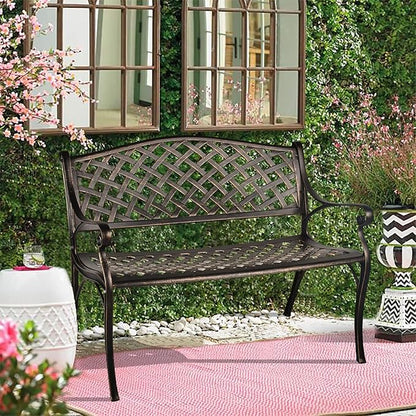 LEISU OKIDA 41” Outdoor Garden Bench All-Weather Cast Aluminum Porch Loveseat Chair for Patio Park Path Yard Lawn Work Entryway Decor Deck (Bronzed)