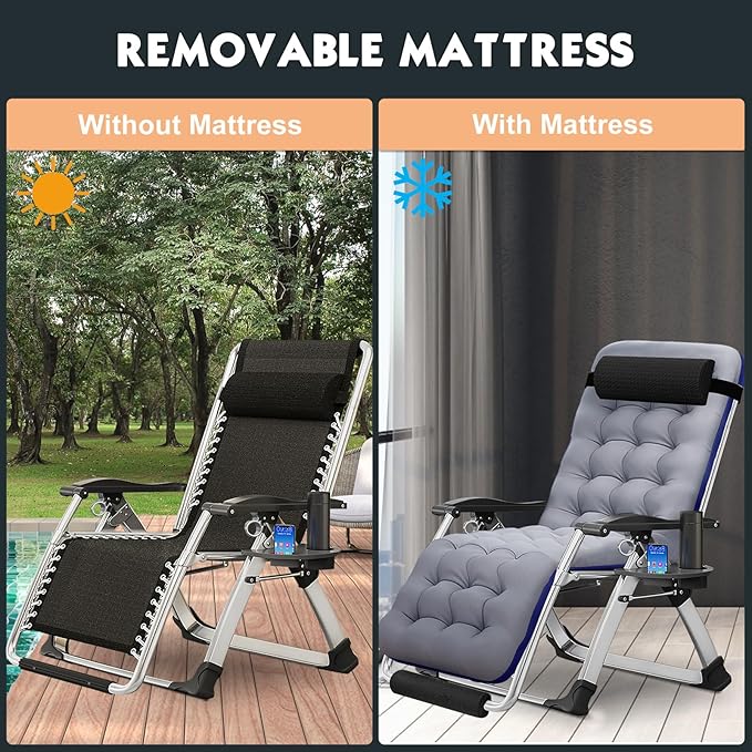 MOPHOTO Zero Gravity Chair Oversize, Outdoor Padded Lounge Chair with Side Table, Zero Gravity Recliner Chair, Outdoor Reclining Chair, Sturdy & Comfortable, Supports up to 440lbs