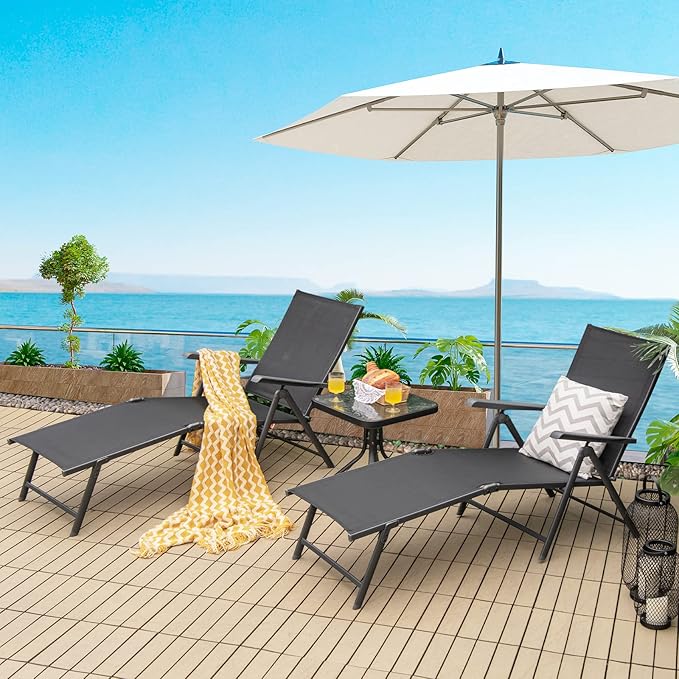 COSTWAY Folding Chaise Lounge, Lightweight & Breathable Fabric, Outdoor Tanning Recliner Chair for Deck, Beach (Black) - Photo 4