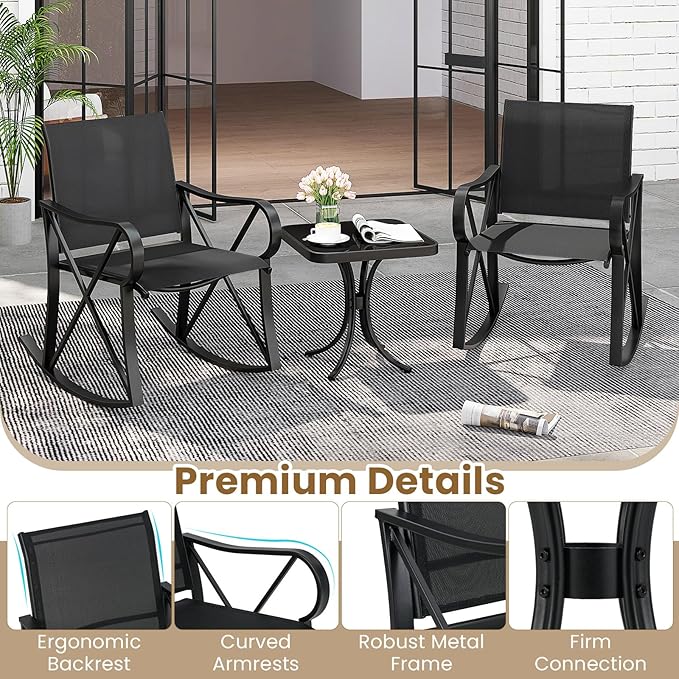 Tangkula 3 Piece Patio Rocking Set, 2 Rocking Chairs with Tempered Glass Side Table - Photo 7