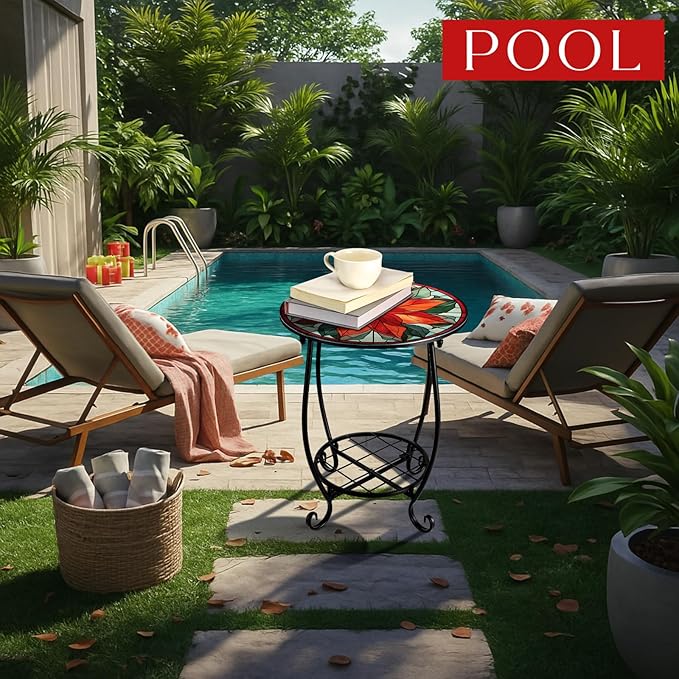 Outdoor Side Table Round Small Mosaic Patio Accent Indoor End Plant Coffee Tea Table for Yard Patio Porch Garden Living - Photo 4