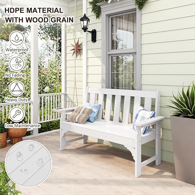 nalone Outdoor Bench, HDPE All Weather Patio Bench Load up to 800 Lbs, 2-Person Garden Bench Rot-Proof Fade Proof for Patio, Porch, and Park (White)