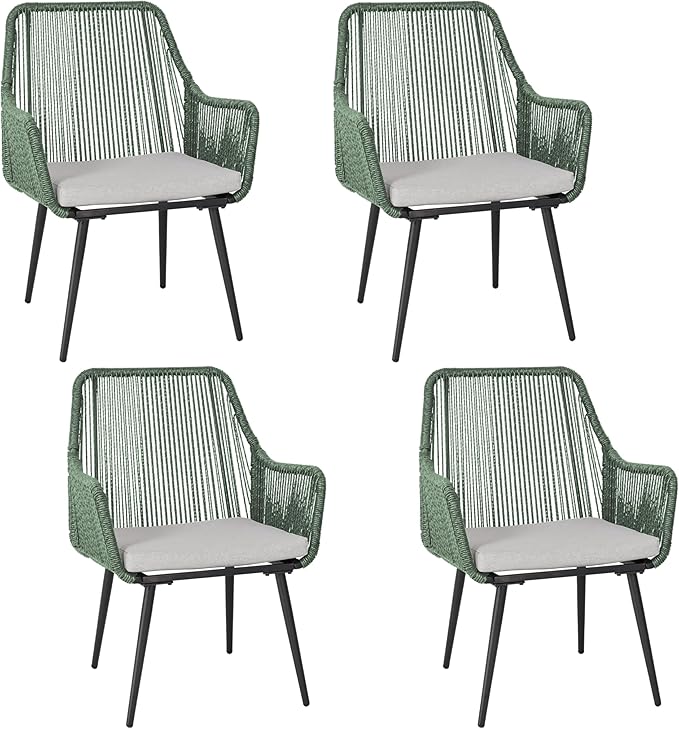 Patio Dining Chairs Outdoor Dining Chairs Set of 4, Woven Twisted Wicker Rattan Chair with Armrest and Cushion, Modern Indoor Outdoor Seating for Garden, Lawn, Backyard, Green