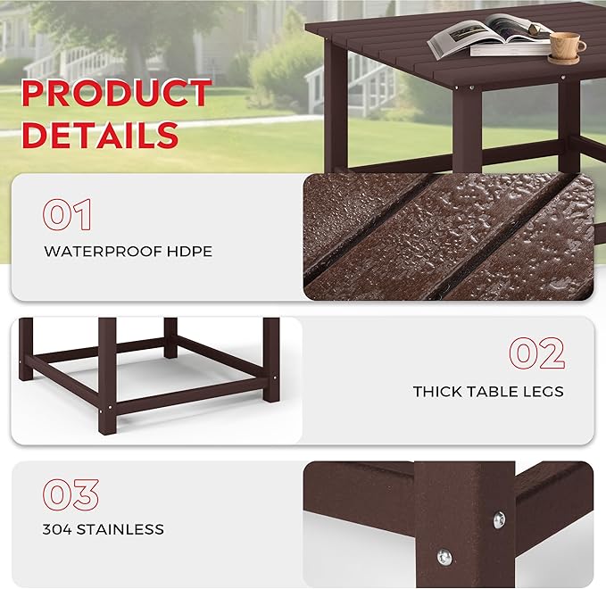 Costaelm Patio Conversation Table, Tatio Accent HDPE Outdoor Weather Resistant, Square Outdoor Porch Balcony Patio Drink Table for Outside, Pool, Backyard, Dark Brown