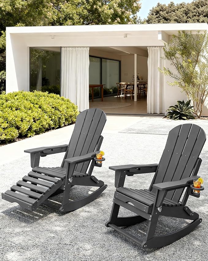 Adirondack Rocking Chair with Retractable Ottoman, All Weather Folding Adirondack Chair with Two Cup Holders, Adirondack Outdoor Rocking Chairs for Porch, Patio, Balcony. Grey