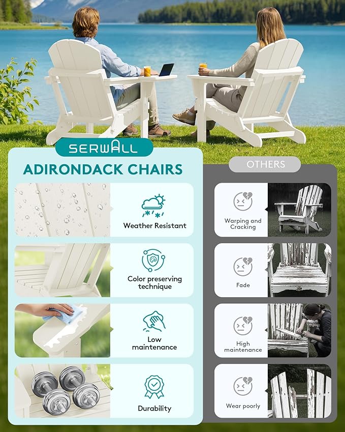 SERWALL Folding Adirondack Chair Set of 4, Outdoor Adirondack Chairs with 4 in 1 Cup Holder, Wood Texture Patio Chairs, Weather Resistant Fire Pit Chairs for Patio Deck Garden, Backyard Deck - White