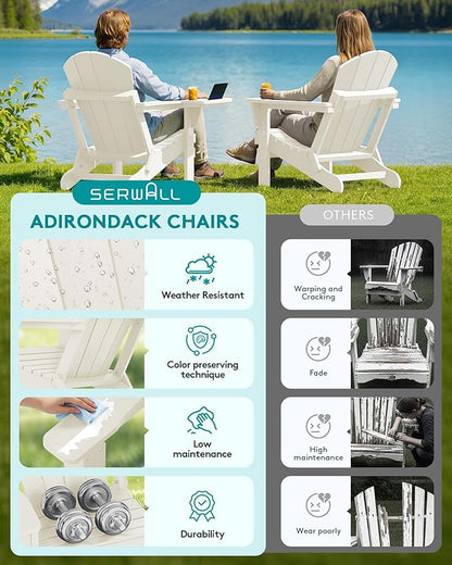 SERWALL Folding Adirondack Chair Set of 2, Adirondack Chairs with 4 in 1 Multi-Functional Cup Holder, All Weather Patio Chair with Wood Texture, Fire Pit Chairs for Outdoor, Garden, Backyard - White