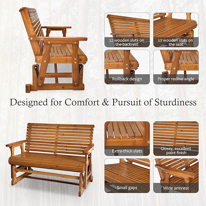 Fortune Candy Wooden Patio Glider with High Roll Back and Deep Contoured Seat, Solid Fir Wood, 2-Seater - Photo 5