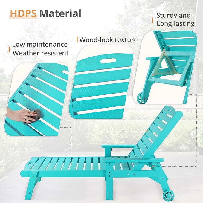 LUE BONA HDPS Chaise Lounge Chair with Table, 2-Piece, Outdoor Pool Lounge Chairs with Adjustable Backrest, Resin Patio Lounge Chairs with Wheels for Outside, Aruba Blue
