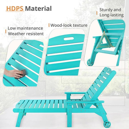 LUE BONA HDPS Chaise Lounge Chair with Table, 2-Piece, Outdoor Pool Lounge Chairs with Adjustable Backrest, Resin Patio Lounge Chairs with Wheels for Outside, Aruba Blue