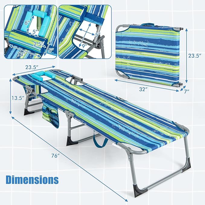 Goplus Tanning Chair, Folding Adjustable Patio Lounge Chair with Face Hole, Removable Pillow, 330LBS, Carry Strap - Photo 3