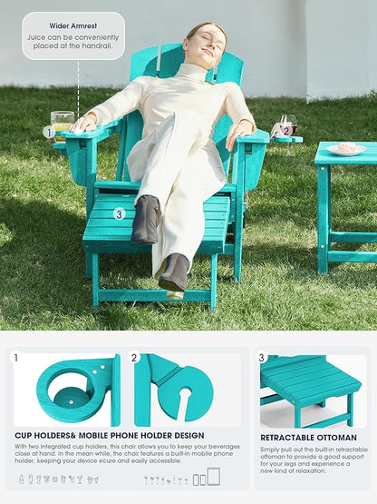 KINGYES Folding Adjustable Adirondack Chair with Retractable Ottoman Set of 6, HDPE All Weather Chair with Cup Holder - Recliner Adirondack Chair, Aruba
