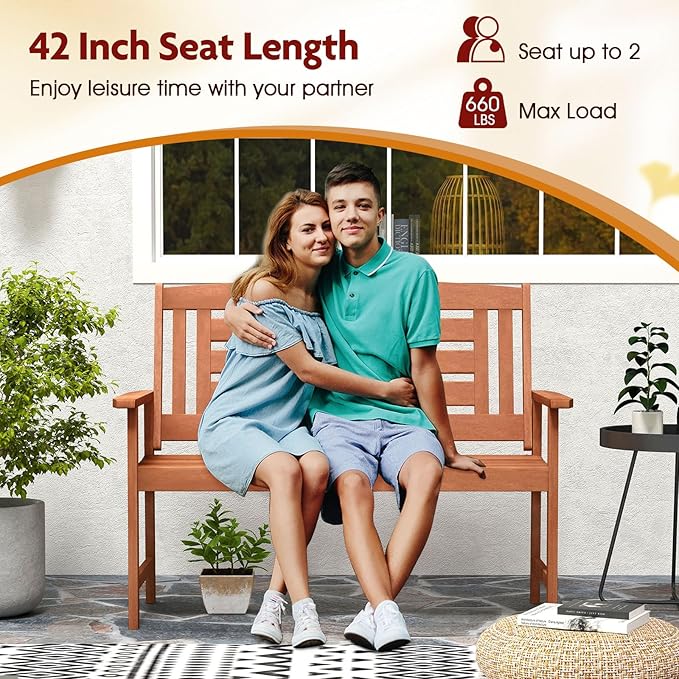 Byroce 2-Person Outdoor Bench, Solid Wood Patio Loveseat with Comfy Backrest & Armrest, Heavy Duty Garden Bench for Outdoors Backyard, Park, Balcony & Front Porch, Teak Oil Rubbed (Vertical Slat)