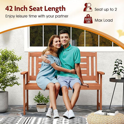 Byroce 2-Person Outdoor Bench, Solid Wood Patio Loveseat with Comfy Backrest & Armrest, Heavy Duty Garden Bench for Outdoors Backyard, Park, Balcony & Front Porch, Teak Oil Rubbed (Vertical Slat)