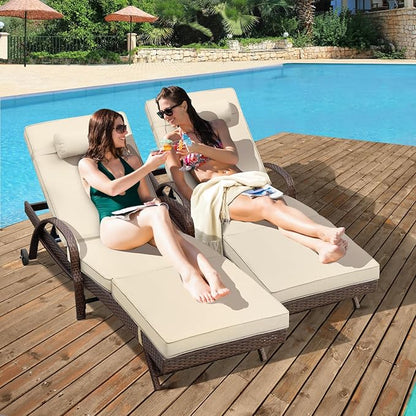 NOBLEMOOD Outdoor Lounge Chairs Set of 6 Beach Wicker Chaise Lounge with Wheels, Cushion, Adjustable Backrest and Pillow for Outside Pool Sun Shelf Tanning Bathing (Khaki)