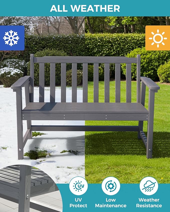 Outdoor Bench, 2-Person HDPE Garden Bench, All Weather Poly Patio Bench for Outdoors, Garden, Backyard, Porch and Park, 550 lbs Weight Capacity, Grey