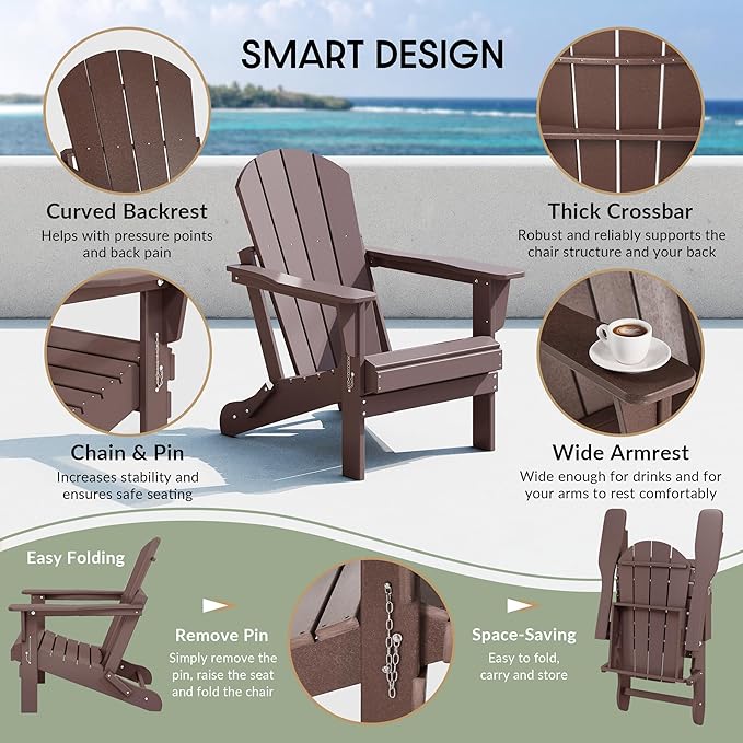 WestinTrends Malibu 4-Piece Set Outdoor Folding Poly Adirondack Chair, Dark Brown