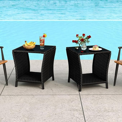 kinbor Small Outdoor Table - Set of 2 Tempered Glass Top Small Outdoor Wicker Side Table with Storage Shelf for Patio, Balcony & Porch, Durable PE Rattan & Iron Frame