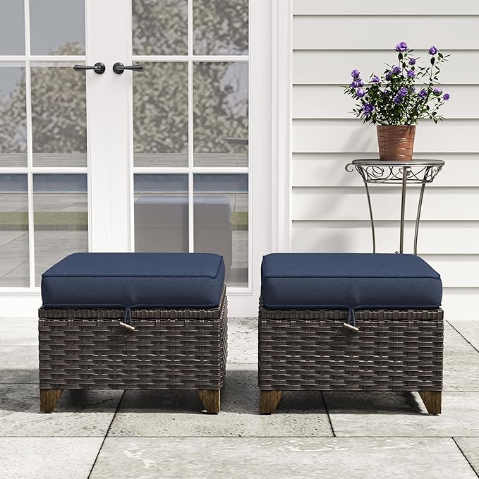 2 Pieces Patio Outdoor Ottomans with Removable and Washable Covers，PE Rattan Wicker Footstools for Porch, Garden - Photo 6