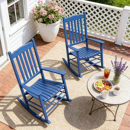 Outvita Outdoor Rocking Chair, Solid Wood High Back Rocker, All Weather Lounge Chair for Porch Patio Fire Pit Garden Backyard Deck Indoor, Wave Shape, Blue