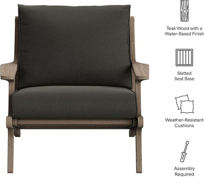 Modway Saratoga Teak Outdoor Lounge Chair in Flint Gray – Oversized Patio Accent Armchair with Wood Frame and Weather-Resistant Cushions