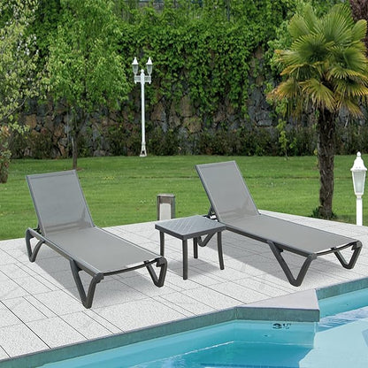 Domi Pool Lounge Chairs,Aluminum Chaise Lounge with Side Table,5 Position Adjustable Backrest and Wheels,All Weather Outdoor Lounge Chairs (2 Grey Lounges W/Side Table)