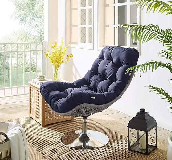 Modway Brighton Outdoor Patio Wicker Rattan Swivel Lounge Chair in Light Gray Navy
