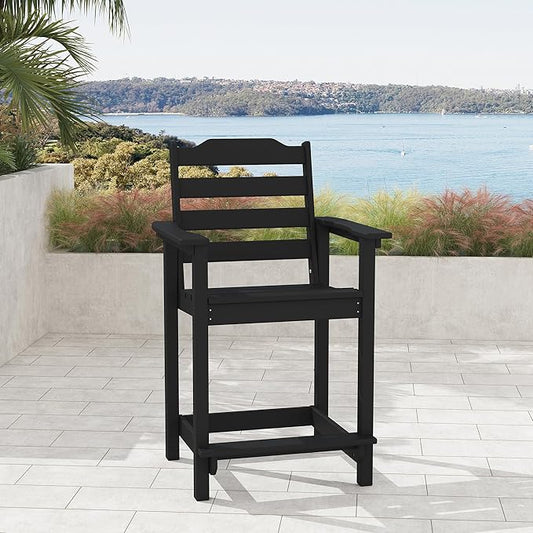 Tall Adirondack Bar Stool, Heavy-Duty Counter Height Chair with Ergonomic Seat, Durable Patio Barstool for Backyard, Deck, Poolside, Black