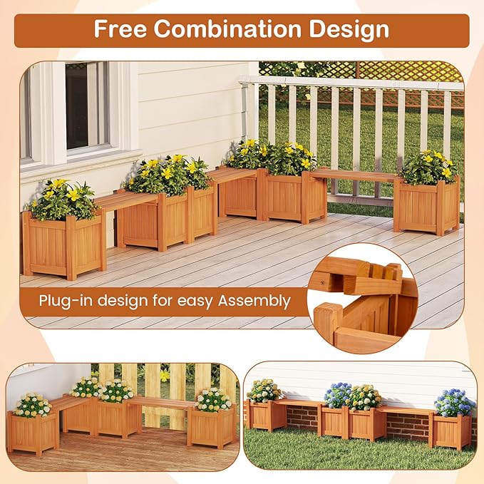 S AFSTAR 2 Pieces Outdoor Planter Bench, Wooden Planter Box with Bench, Small Raised Plant Container Garden Benches with Boxes for Patio, Yard, Deck & Balcony