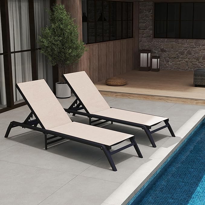 Outdoor Chaise Lounge Chairs Set of 2, No Assembly Required, 5-Position Adjustable Backrest, Foldable Lightweight Patio Lounge for Poolside, Deck, Lawn & Beach, Khaki