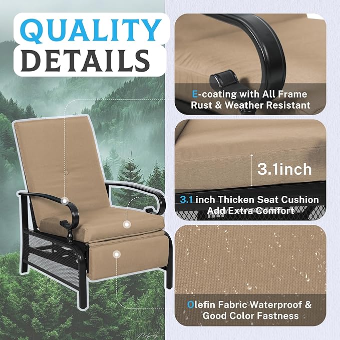 Incbruce Outdoor Lounge Chair Set of 2 Patio Furniture Adjustable Recliner with Retractable Steel Frame and Removable Thick Cushions - Brown