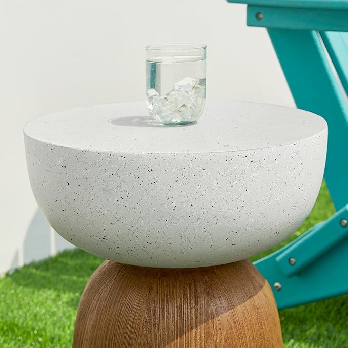 Glitzhome Outdoor Side Table Set of 2, 17.75" H Decorative Garden Stool MGO Geometric Wood Texture End Table, Round Planter Stand for Indoor Outdoor Living Room Bedroom Patio Deck Poolside